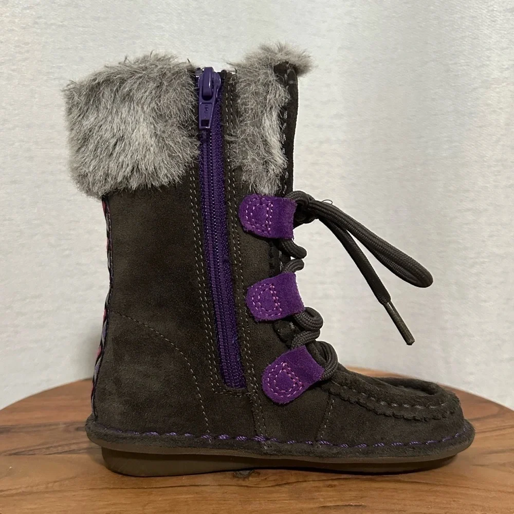 Clarks Girls Snugglewall Tall Suede Zip Lace Up Faux Fur Warm Winter Boots Sz 7